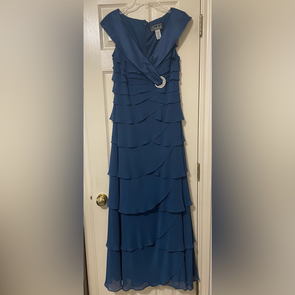 Alex Evenings Sapphire Blue Layered Chiffon Maxi Gown with Rhinestone Detail